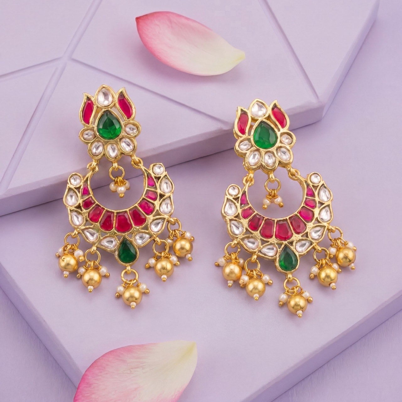 Floral Studded Jadau Kundan Chandbali Earrings With Hangings