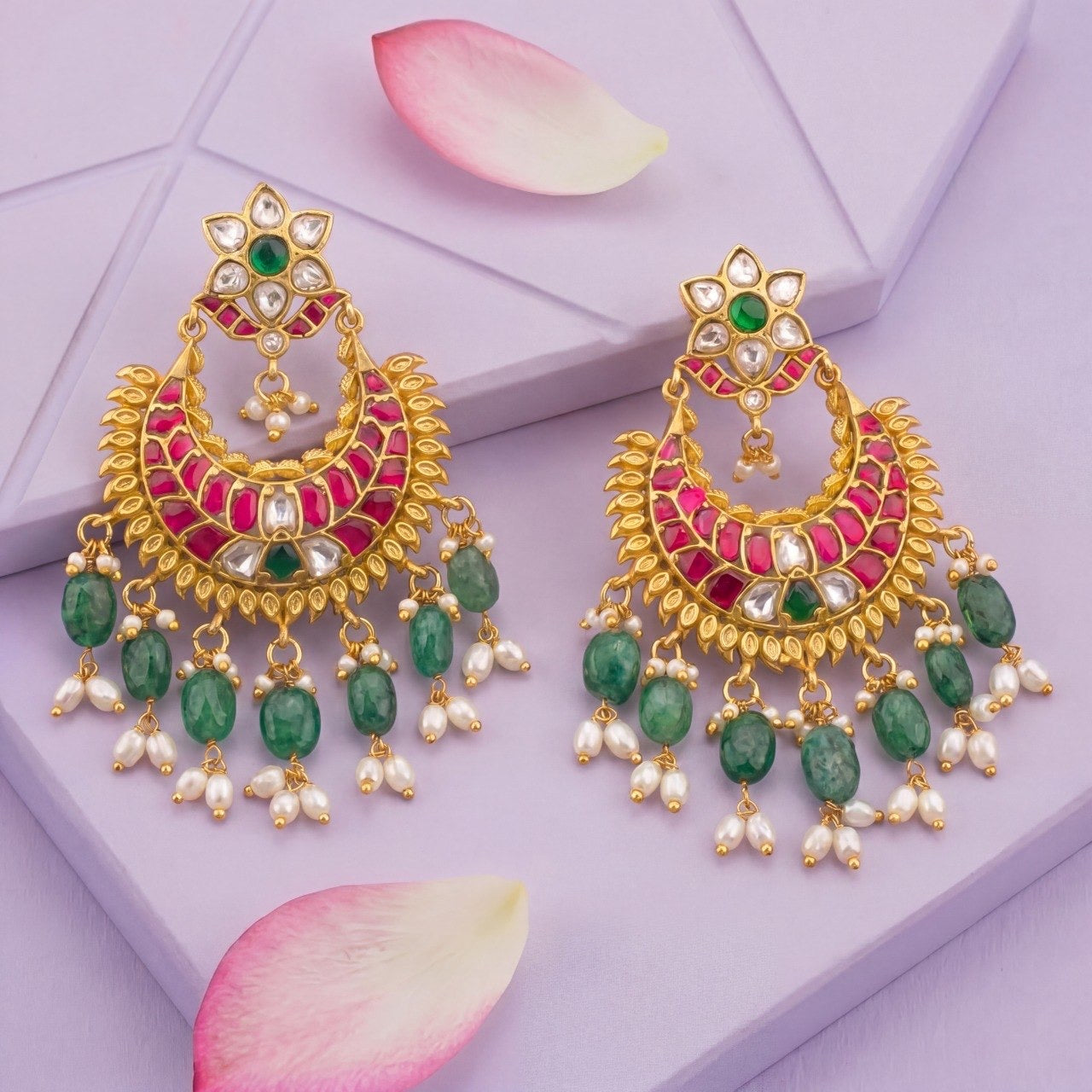 Floral Studded Jadau Kundan Chandbali Earrings With Pearl & Beads Hanging