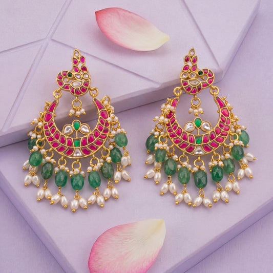 Peacock Studded Jadau Kundan Chandbali Hanging Earrings