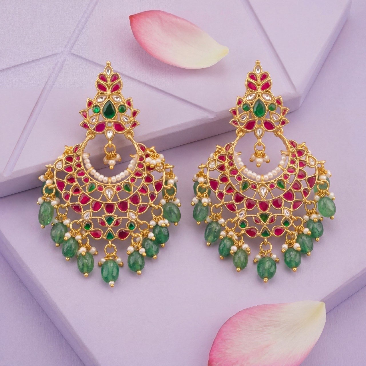 Exquisite Multicolour Studded Jadau Kundan Chandbali Earrings With Green Hangings