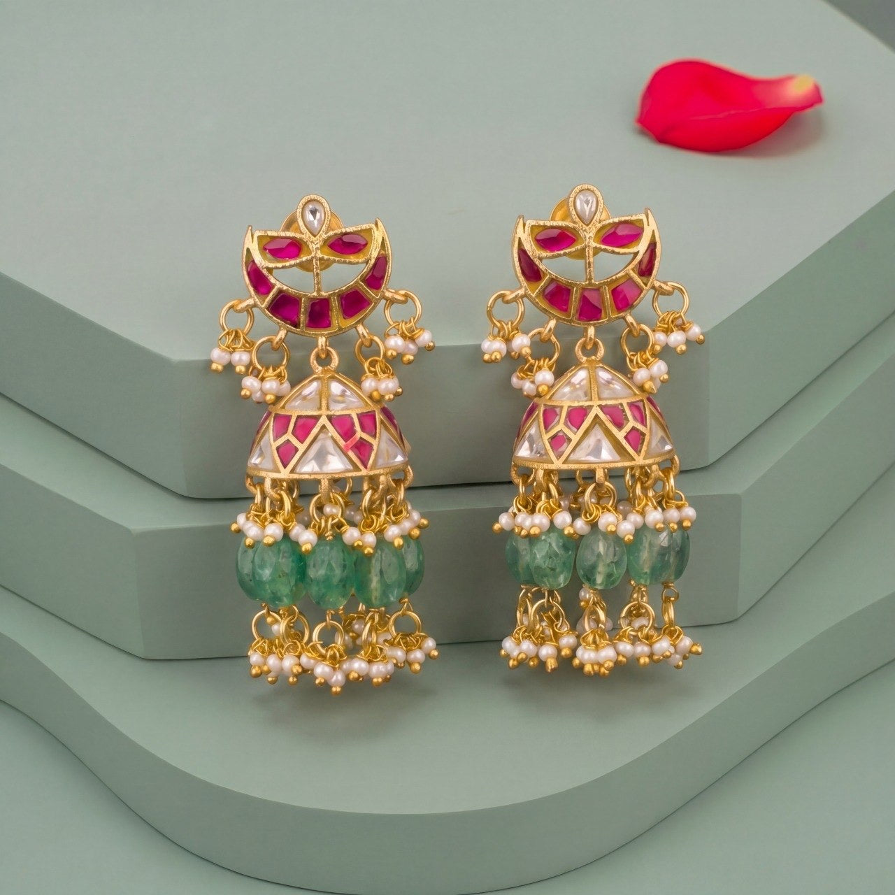 Crescent Moon Jadau Kundan Jhumka Earrings With Emerald Beads And Pearl Drops