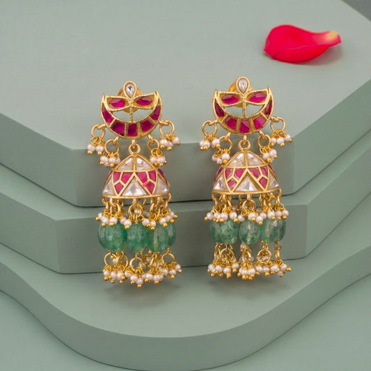 Crescent Moon Jadau Kundan Jhumka Earrings With Emerald Beads And Pearl Drops