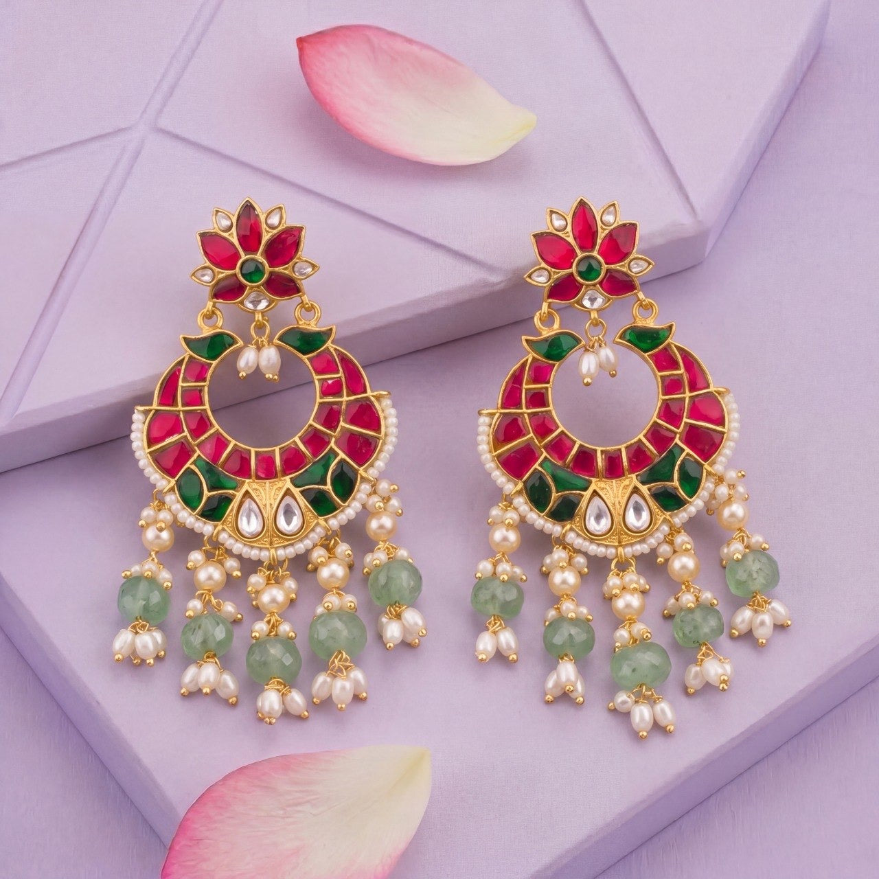 Grand Lotus Design Jadau Kundan Chand Bali with Beads Hanging