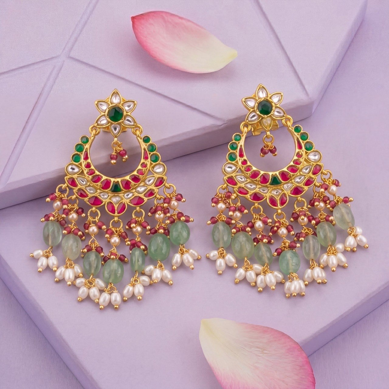 Dazzling Floral Design Jadau Kundan Chand Bali with Guttapusalu Hanging