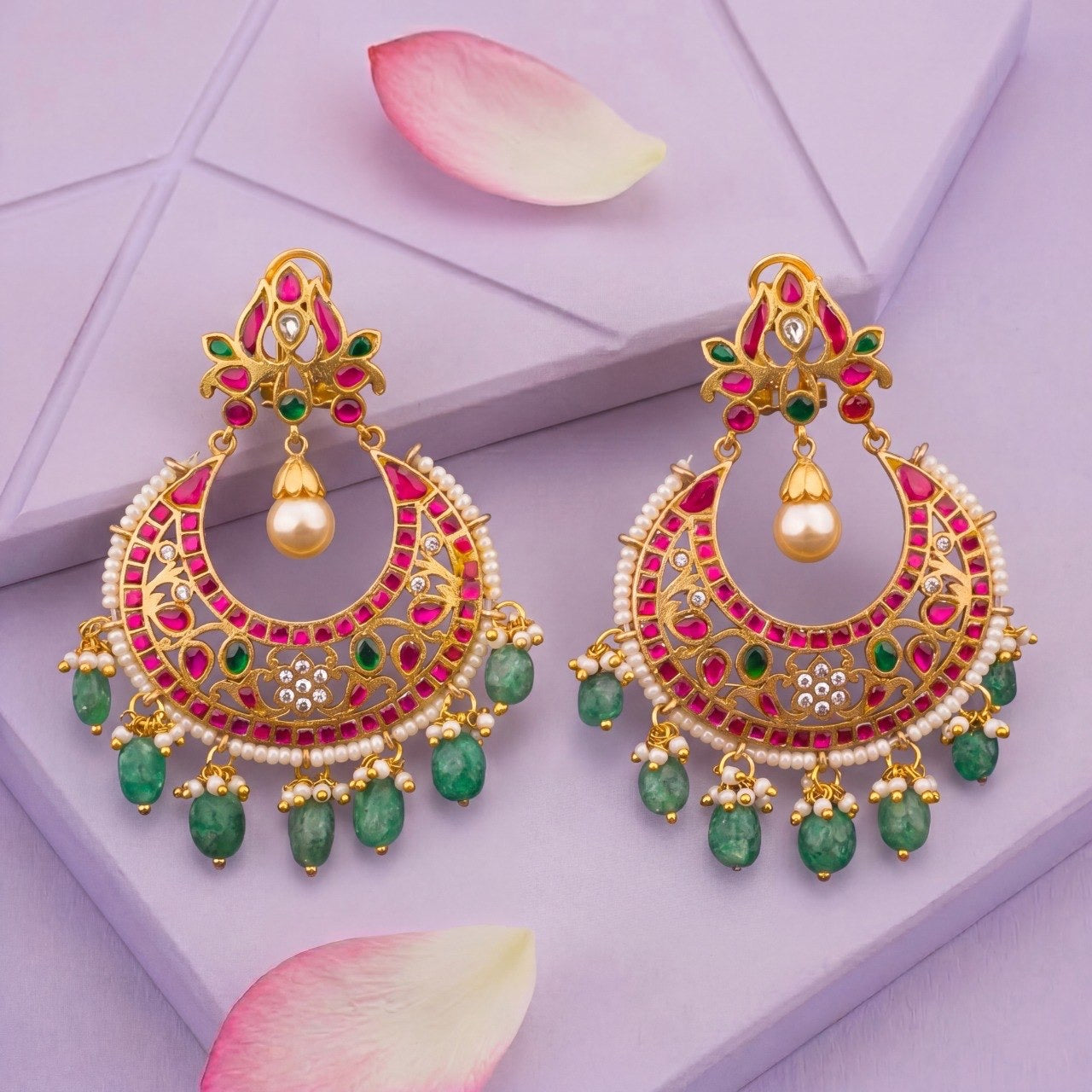 Graceful Jadau Kundan Chandbali Earrings With Bead Hangings