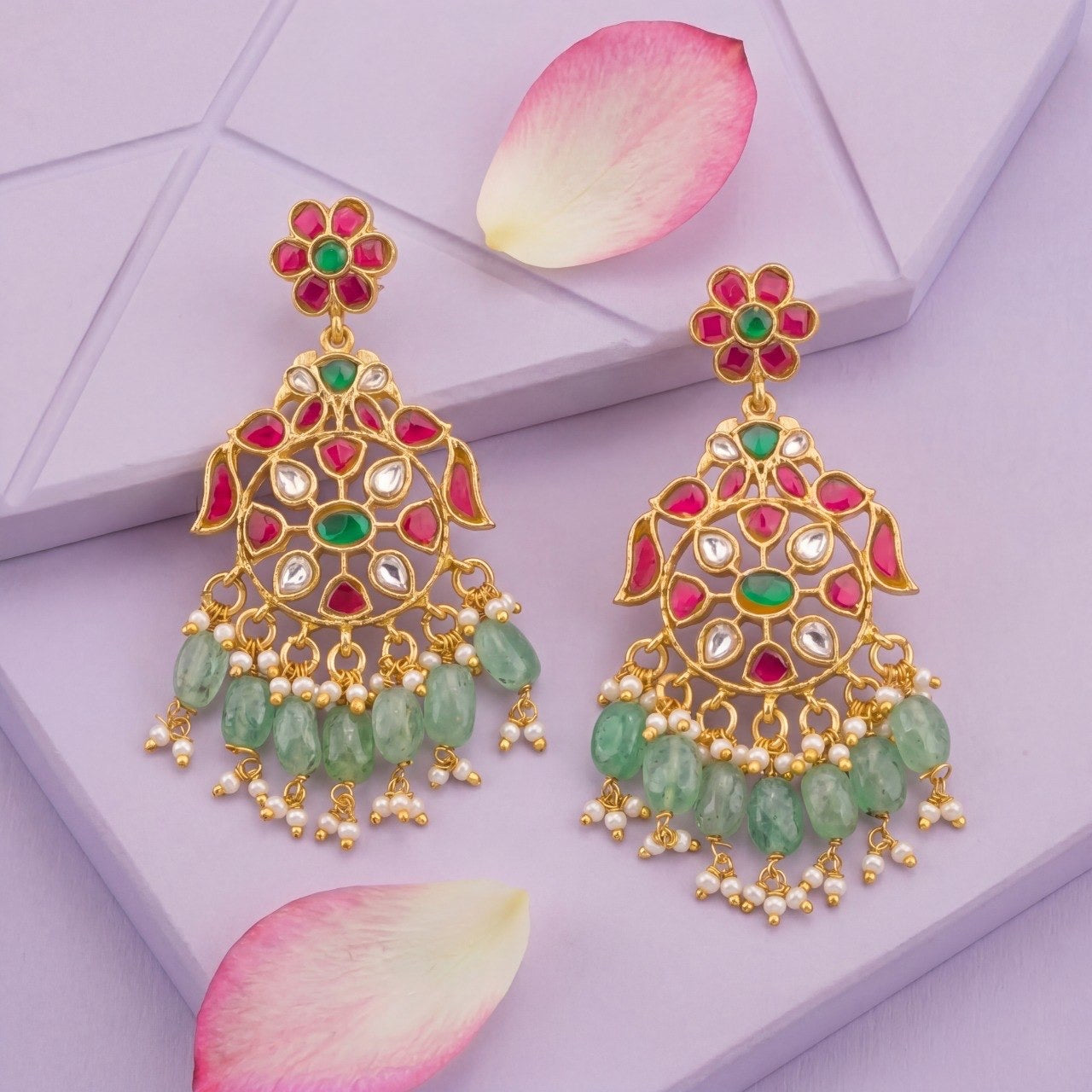 Traditional Jadau Kundan Chandbali with Emerald Green Beads