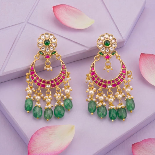 Traditional Jadau Kundan Chandbali Earrings With Emerald Beads