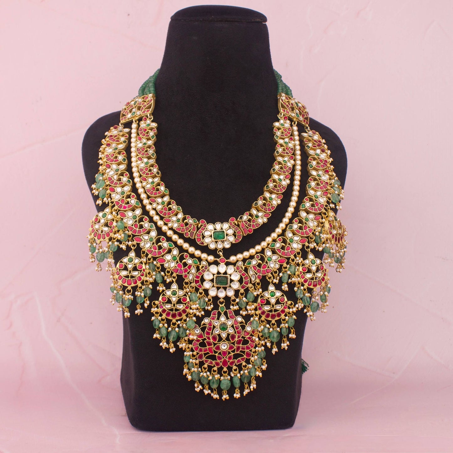 Grand Jadau Kundan Bridal Necklace With Emerald Bead Drops