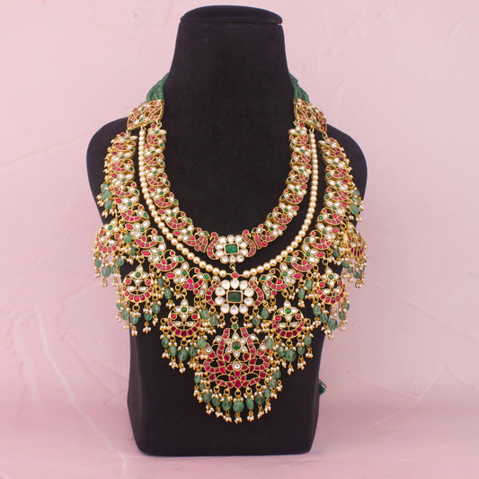 Grand Jadau Kundan Bridal Necklace With Emerald Bead Drops
