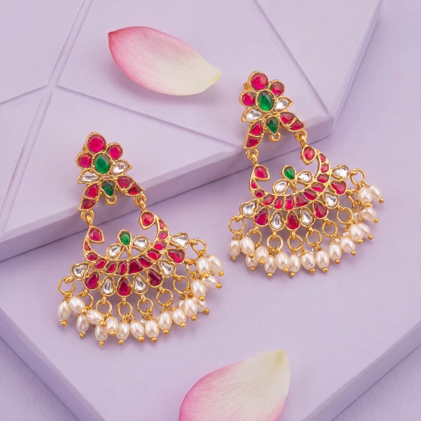 Classic Ruby Green Jadau Kundan Chandbali Earrings With Rice Pearls