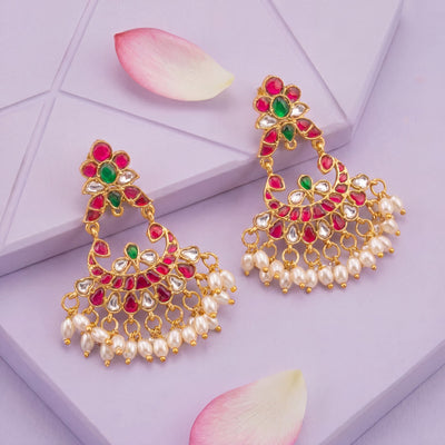 Classic Ruby Green Jadau Kundan Chandbali Earrings With Rice Pearls