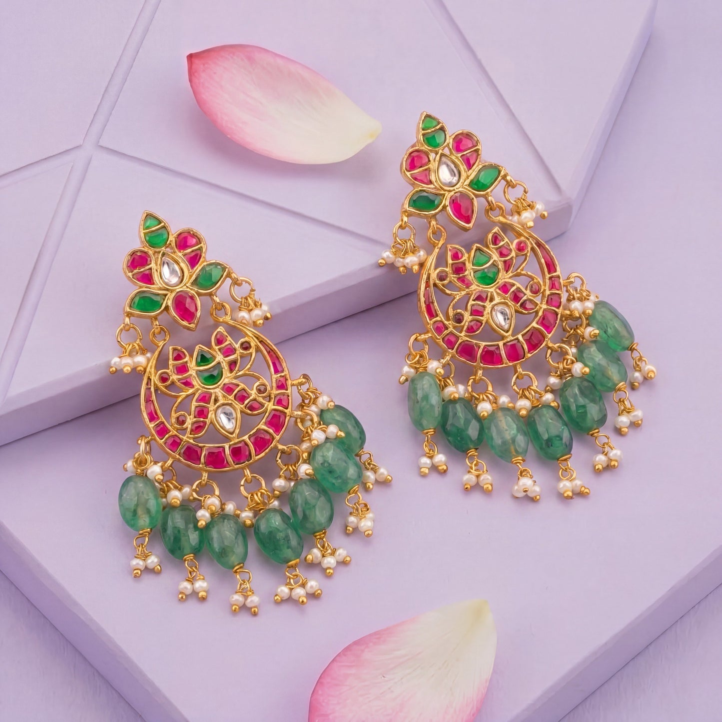 Ethnic Jadau Kundan Chandbali Earrings With Emerald Beads