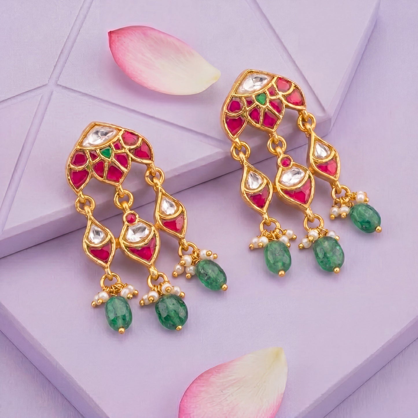 Unique Jadau Kundan Chandbali Earrings With Drop Hangings