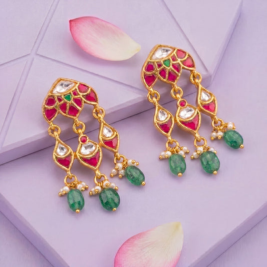Premium Unique Jadau Kundan Chandbali Earrings With Drop Hangings adorned with ruby stones