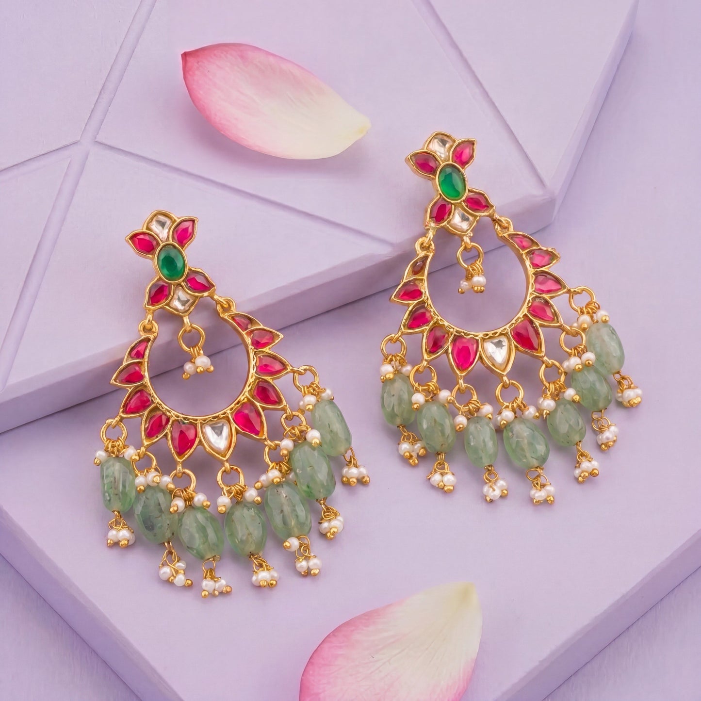 Dazzling Floral Design Jadau Kundan Chand Bali With Russian Beads Hanging