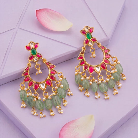 Premium gold Dazzling Floral Design Jadau Kundan Chand Bali With Russian Beads Hanging