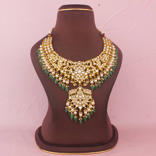 Refined Jadau Kundan Necklace With Emerald Drops