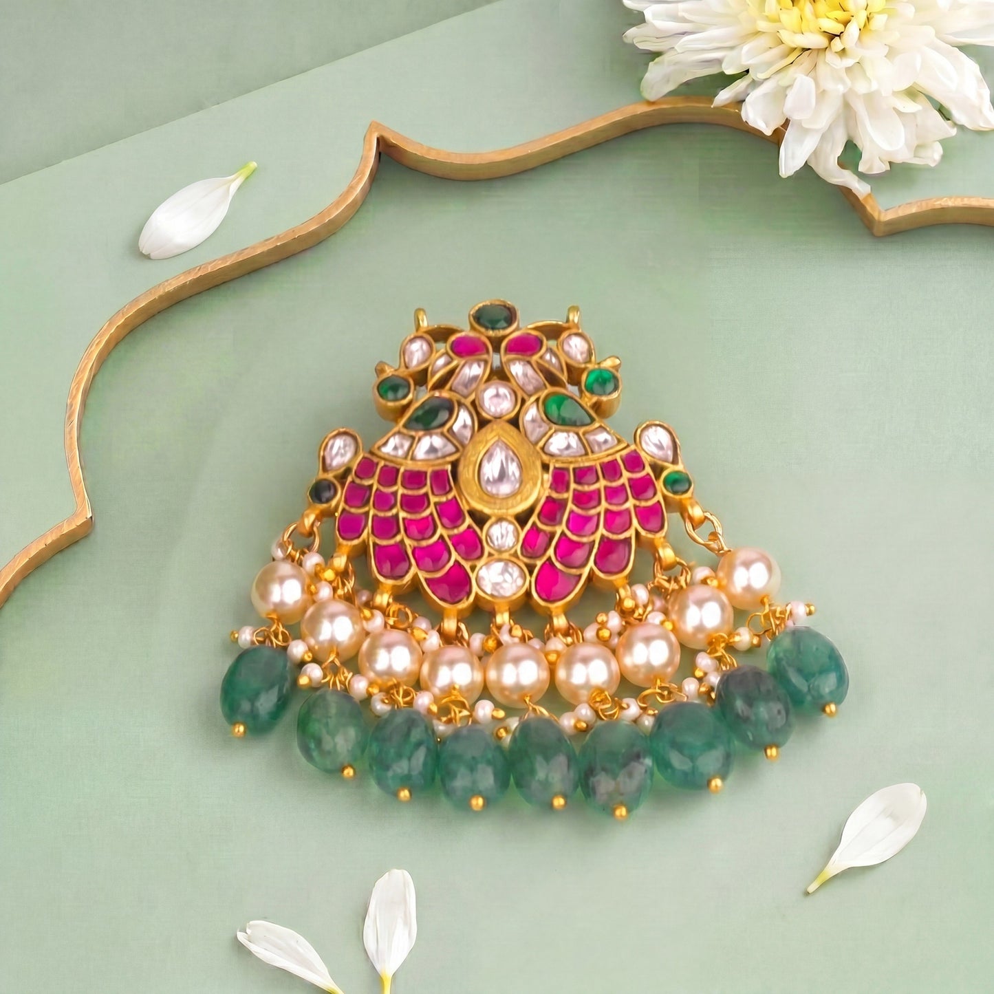 Peacock Jadau Kundan Pendant With Emerald Beads