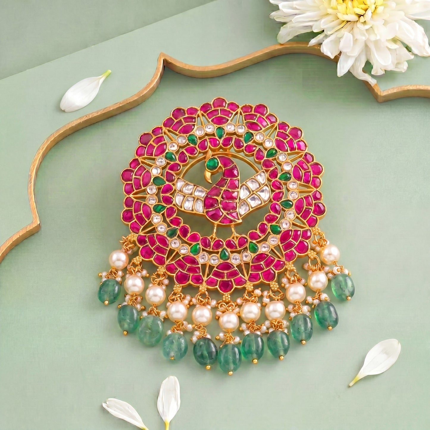 Peacock Jadau Kundan Pendant With Pearls And Emerald Beads