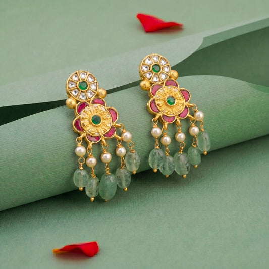 Exclusive floral Design Jadau Kundan Chand Bali with Beads