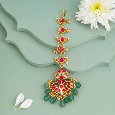 Regal Jadau Kundan Maang Tikka With Green Drops