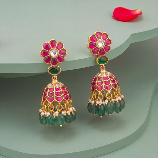 Ethnic Jadau Kundan Jhumki Earrings With Emerald Beads