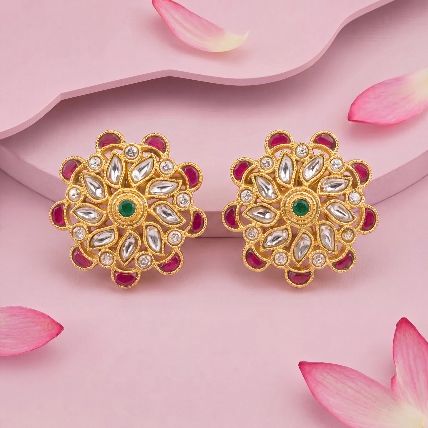 Ruby-Accented Jadau Kundan Floral Stud Earrings