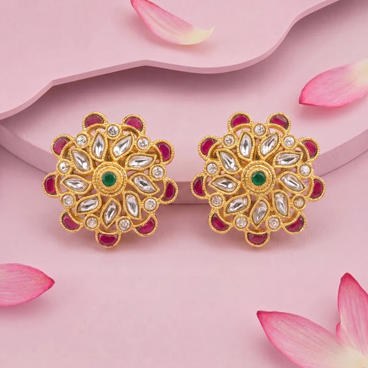 Premium Ruby-Accented Jadau Kundan Floral Stud Earrings adorned with emerald beads, pearls