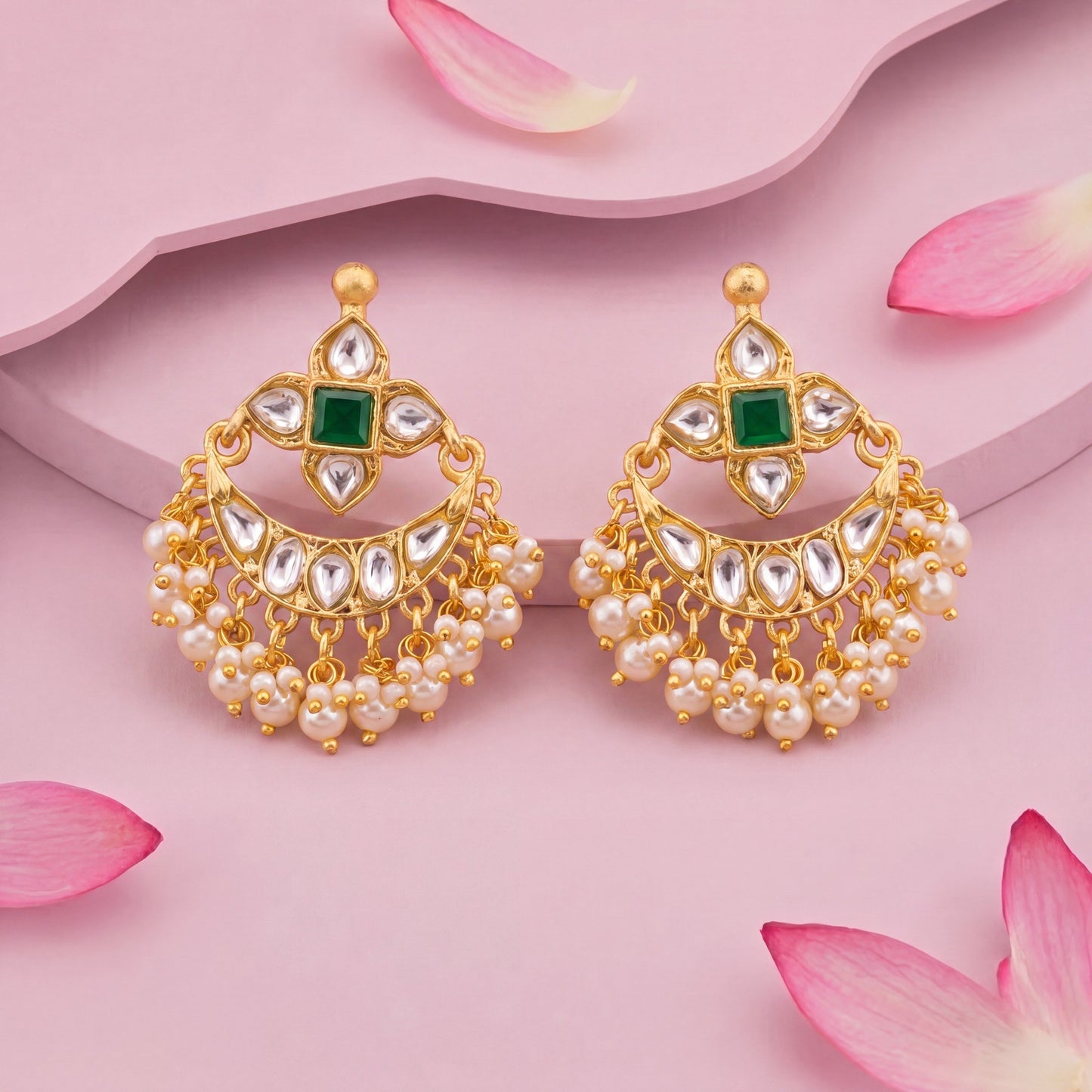 Sleek Jadau Kundan Chandbali Earrings With Swarovski Pearl Hangings