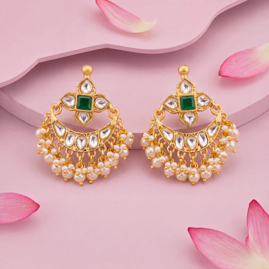 Premium Sleek Jadau Kundan Chandbali Earrings With Swarovski Pearl Hangings adorned with ruby