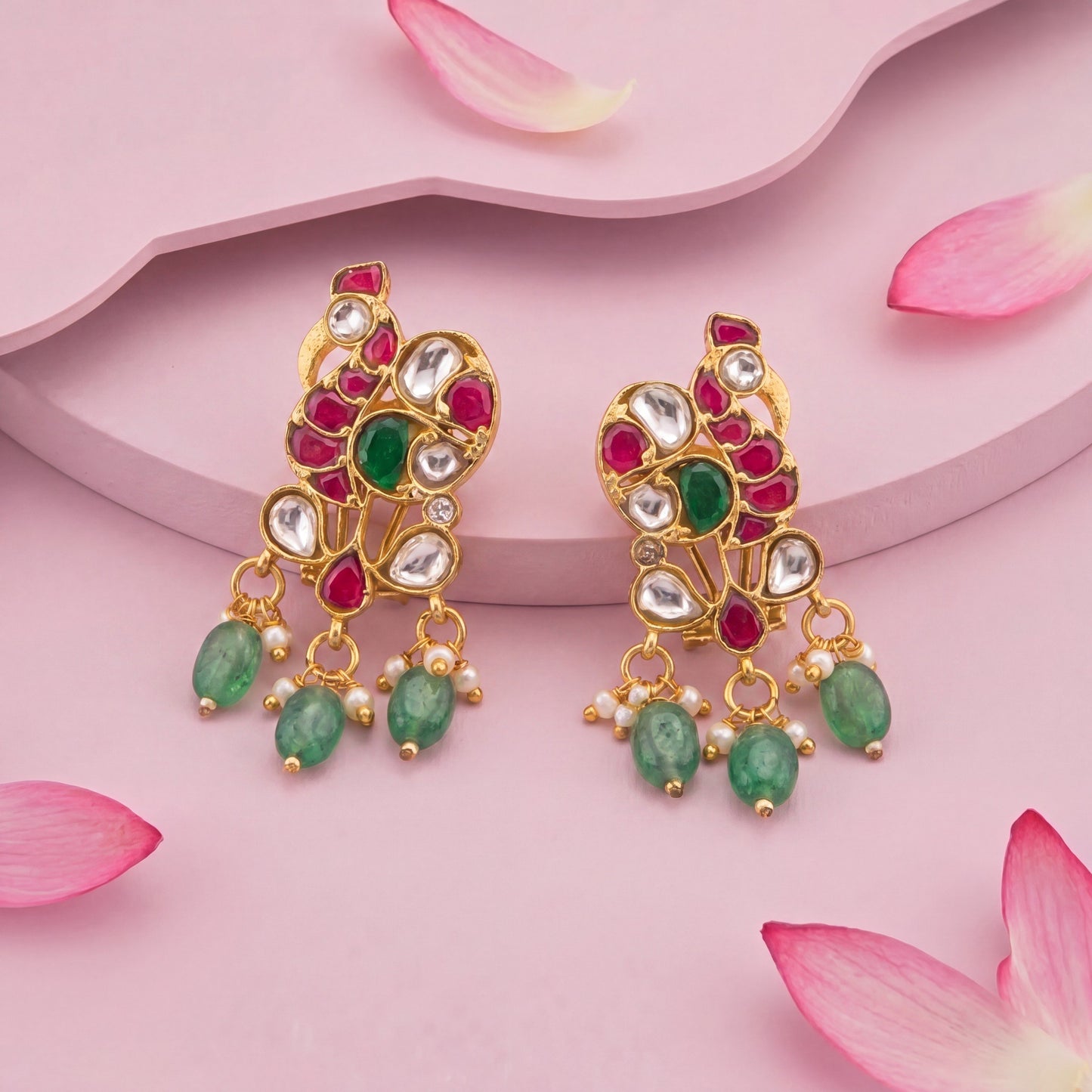 Regal Peacock Jadau Kundan Earrings with Green Beads