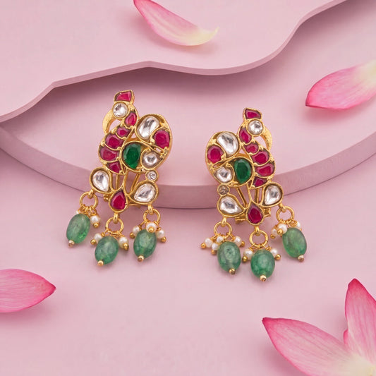 Premium gold Regal Peacock Jadau Kundan Earrings with Green Beads adorned with ruby stones,