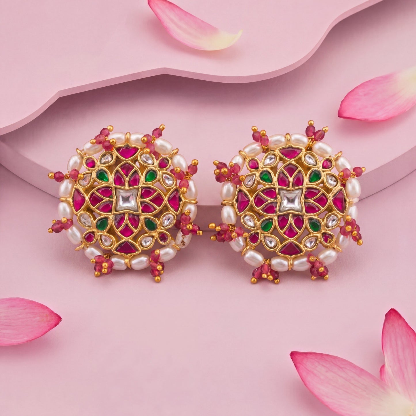 Gold Inspired Jadau Kundan Stud Earrings With Pearl Bordering