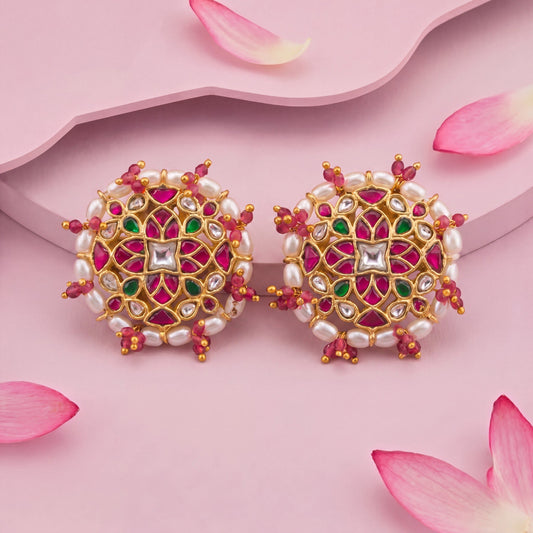 Gold Inspired Jadau Kundan Stud Earrings With Pearl Bordering