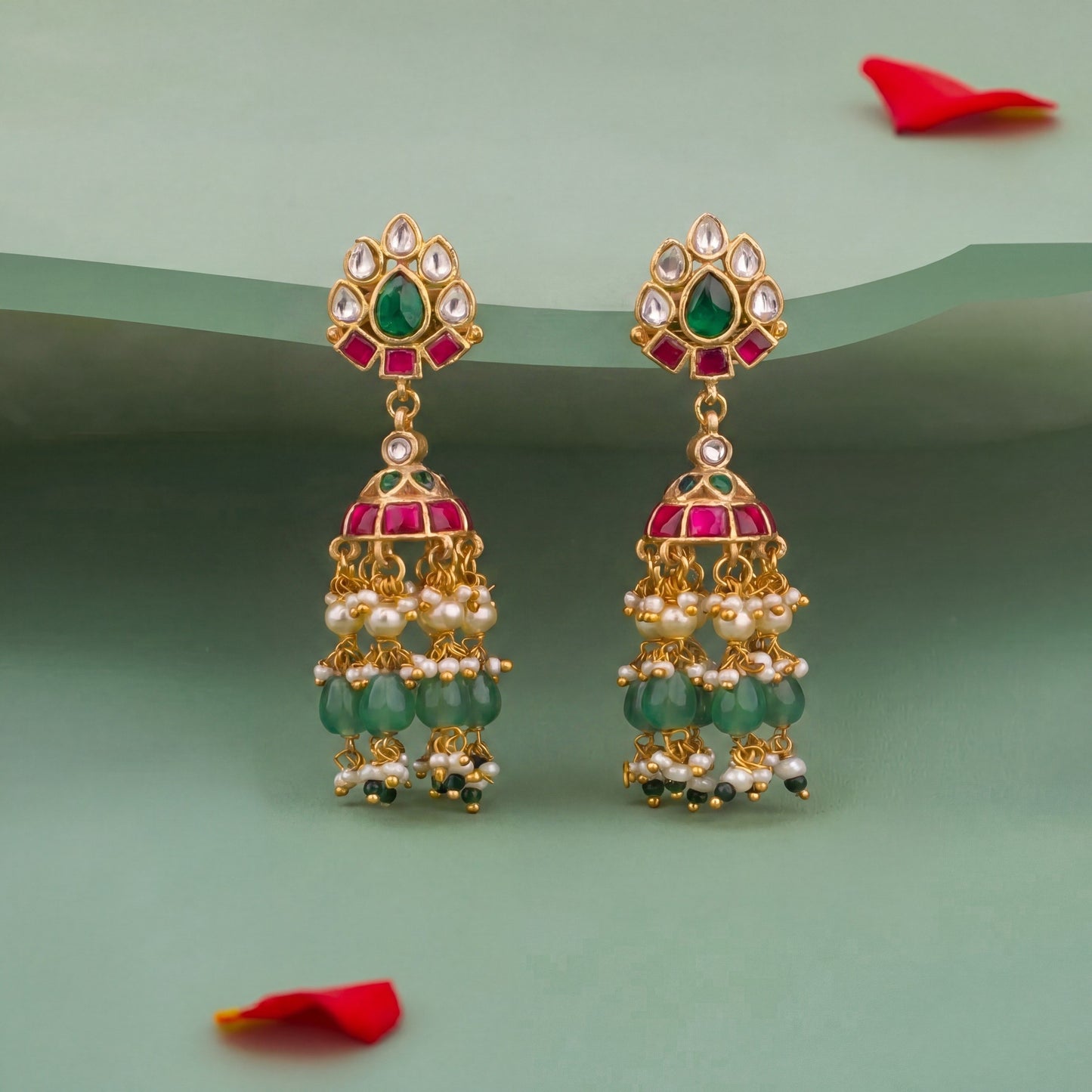 Floral Studded Jadau Kubdan Hanging Jhumki Earrings