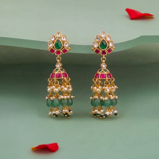 Premium Floral Studded Jadau Kubdan Hanging Jhumki Earrings adorned with pearls for bridal