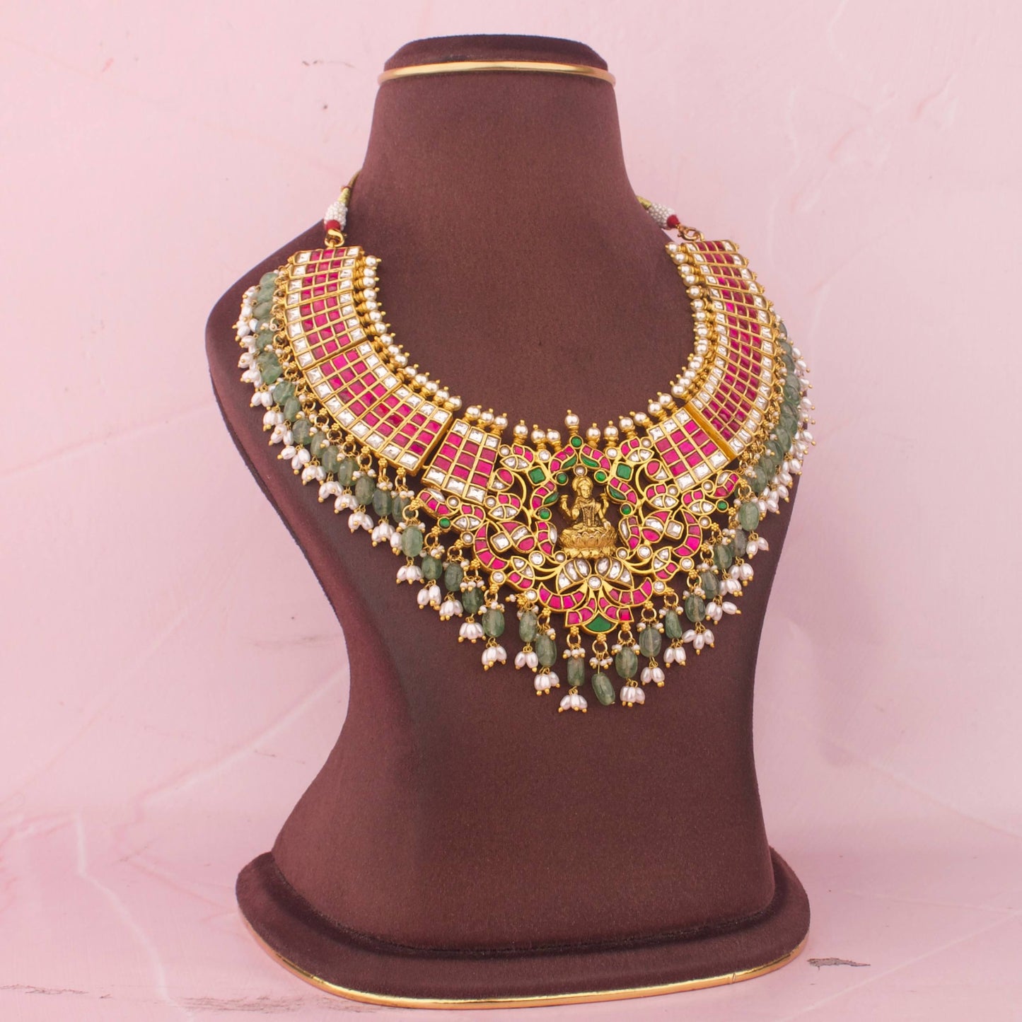 Side view of premium Bridal Jadau Kundan Necklace With Emerald Hangings showcasing handcrafted