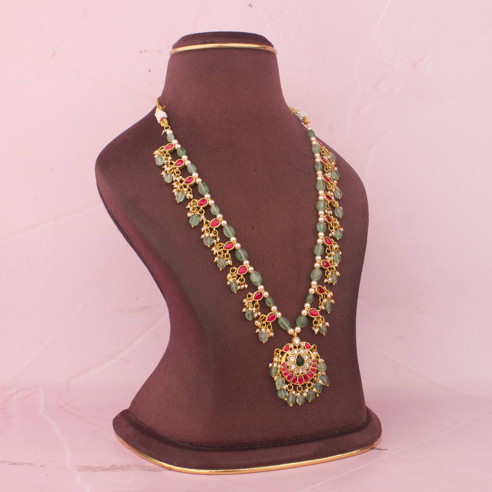 Side view of premium Designer Jadau Kundan Beads Necklace With Chand Locket for bridal fashion looks