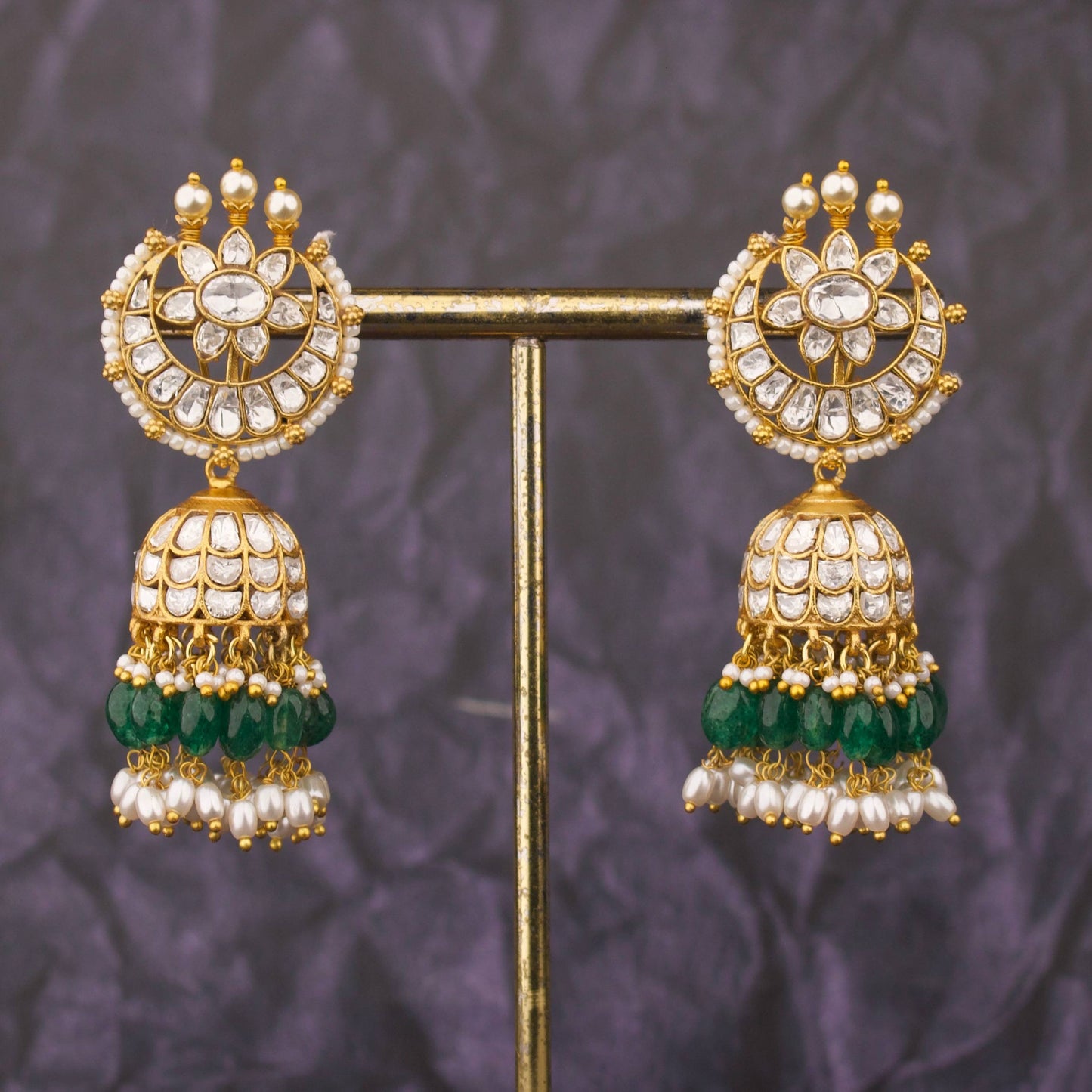 Moissanite Polki Jhumki Earrings With Green Beads