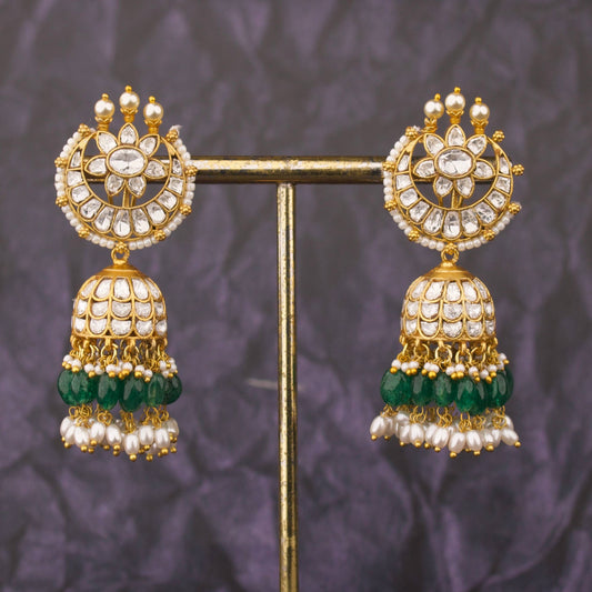 Moissanite Polki Jhumki Earrings With Green Beads