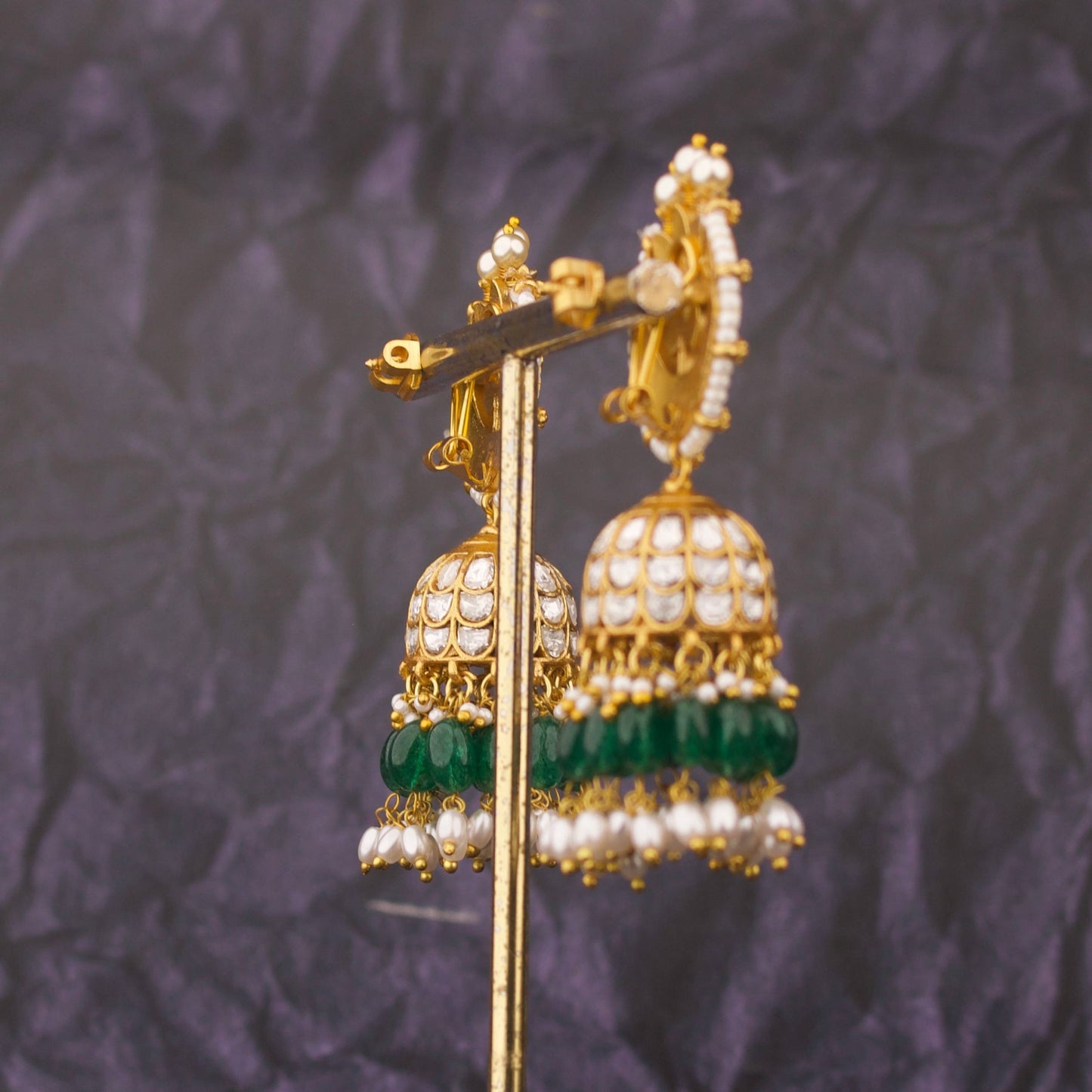 Moissanite Polki Jhumki Earrings With Green Beads