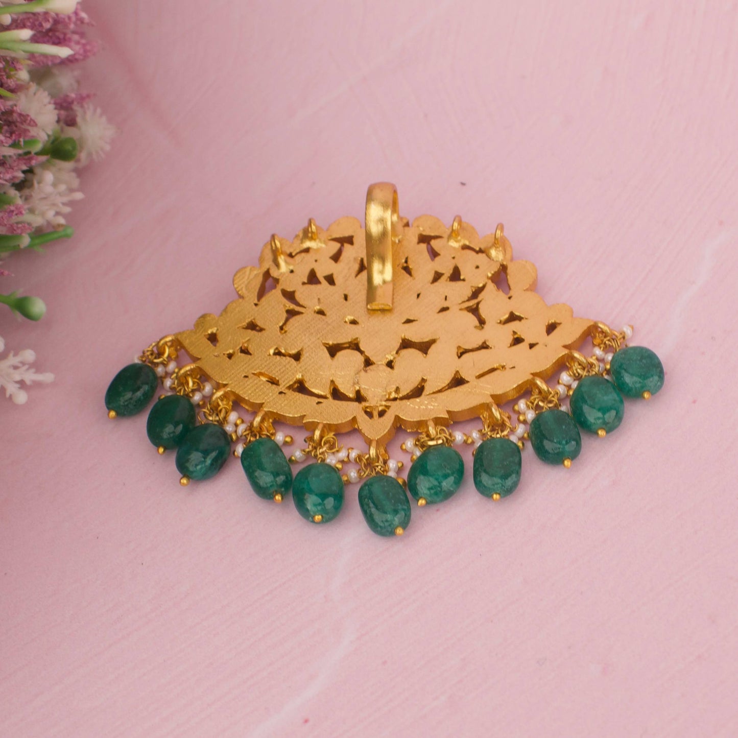Classic Jadau Kundan Pendant With Emerald Hangings