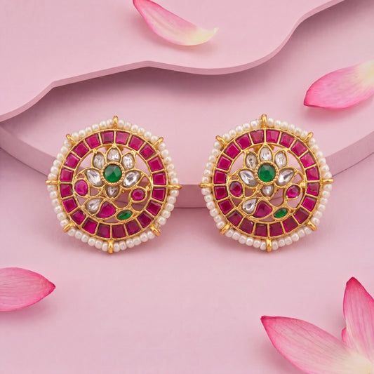 Elegant Jadau Kundan Stud Earrings With Floral Design