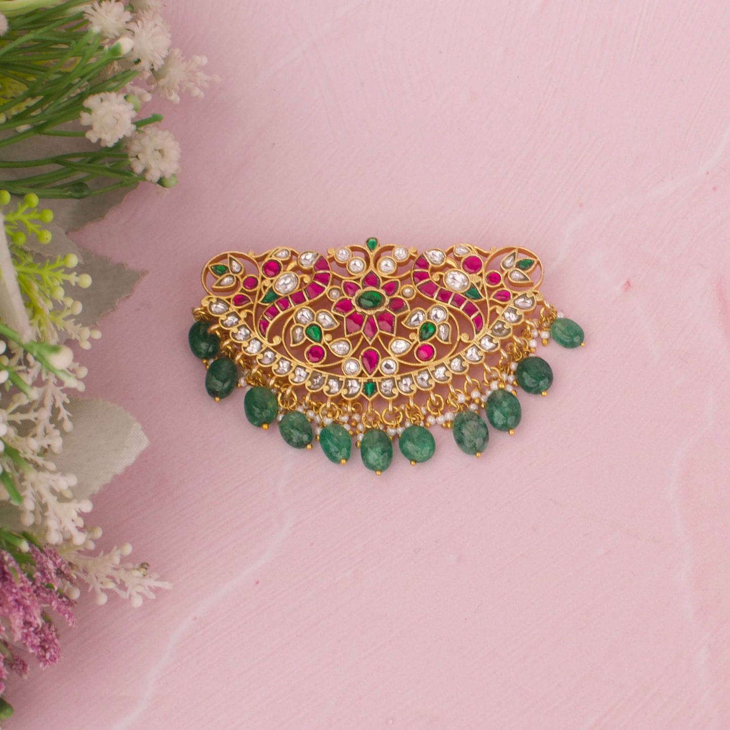 Lavish Jadau Kundan Pendant With Emerald Beads