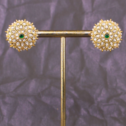 Stylish Jadau Kundan Stud Earrings With Pearl Bordering