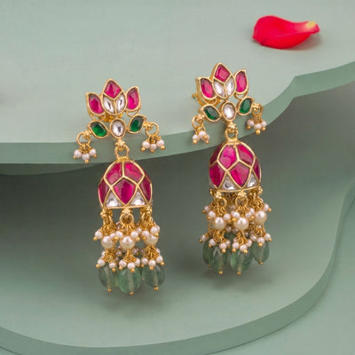 Lotus Design Jadau Kundan Jhumki Earrings With Emerald Bedas