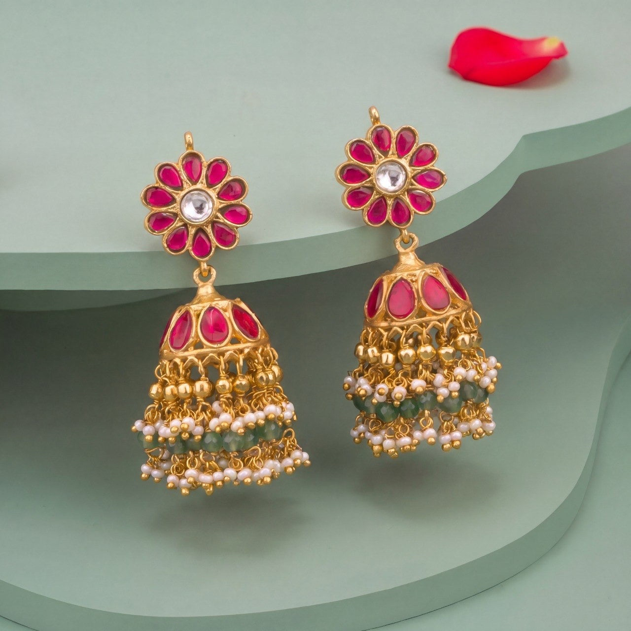 Premium Floral Jadau Kundan Jhumka Earrings With Hangings