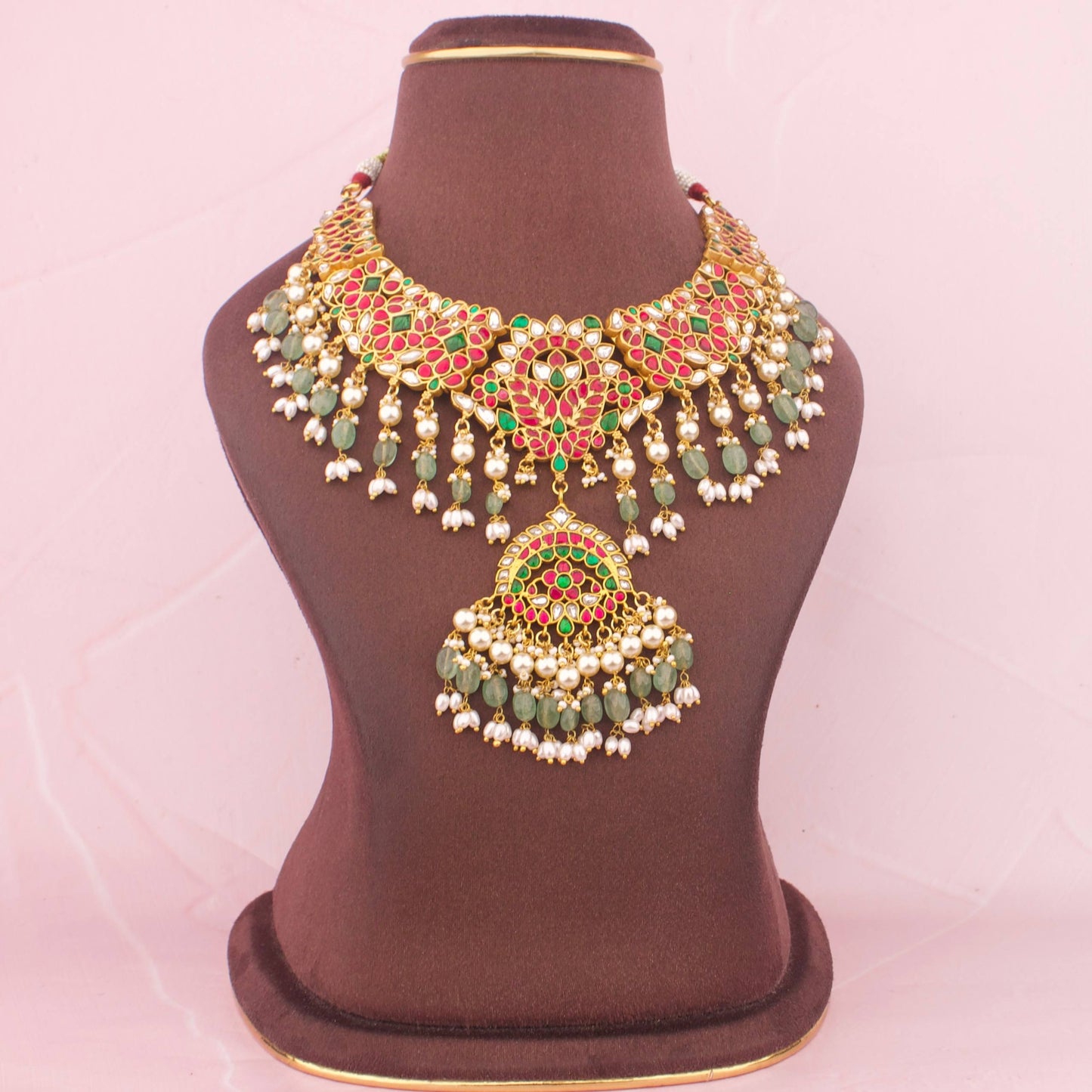Ethnic Kundan Necklace With Green Beads And Pearl Fringe