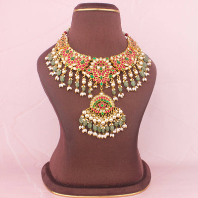 Ethnic Kundan Necklace With Green Beads And Pearl Fringe