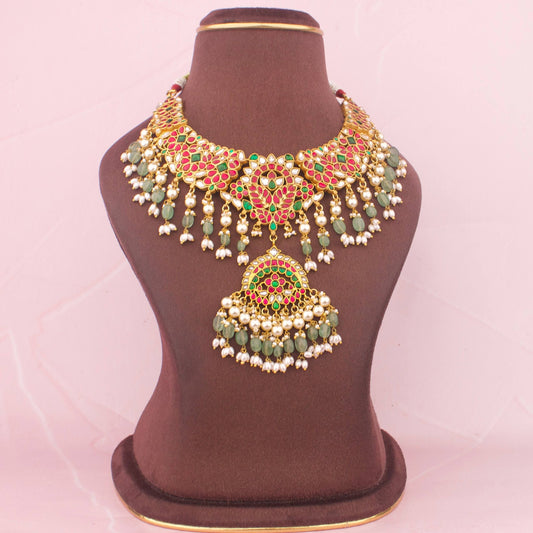 Ethnic Kundan Necklace With Green Beads And Pearl Fringe